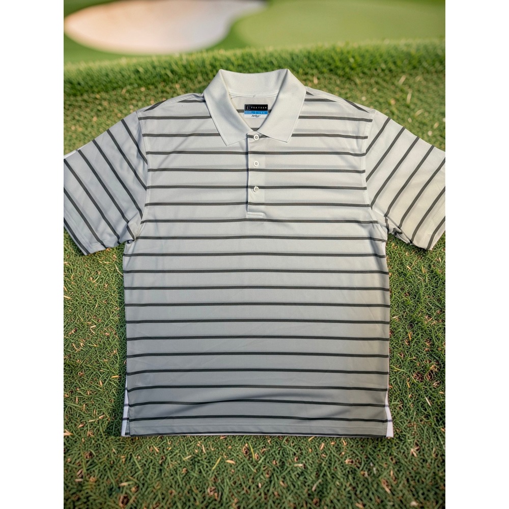 PGA Tour Airflux Mens Large White Grey Striped Short Sleeve Golf Polo Shirt